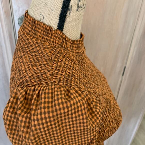Scotch & Soda Smocked High Neck Top brown check gingham puff sleeve blouse FallS - Picture 5 of 15